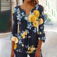 thumbnail image 2 of Pompotops Tunique Décontractée à Manches 3/4 Imprimée Florale Col en V pour Femmes Chemises Basiques d'Été Blouse Plissée Liquidation, 2 of 5