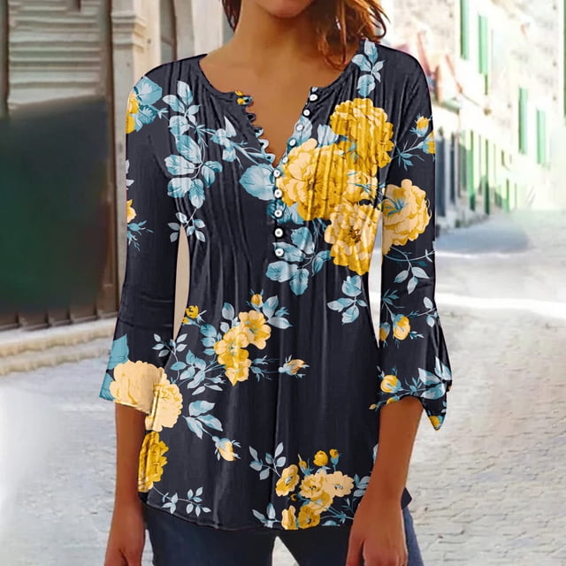 ESSSUT Hauts pour Femmes Liquidation Tunique Décontractée à Manches 3/4 Imprimée Florale Col en V Chemises Basiques d'Été Blouse Plissée Noire m