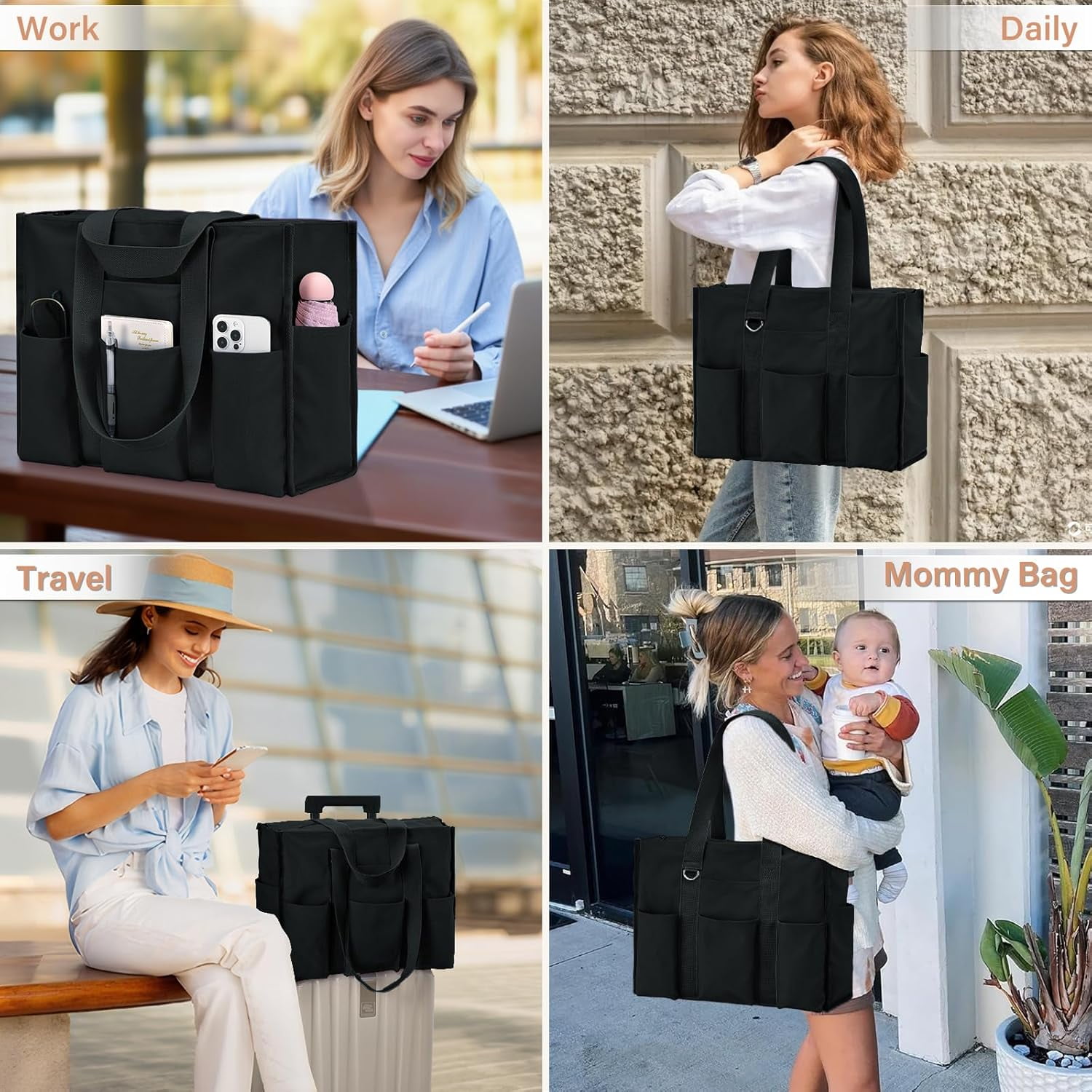 Omlopp Large Tote Bag for Women Waterproof with 12 Pockets Top Zipper Closure Utility Teacher Nurse Bags for Work School-Black-Large
