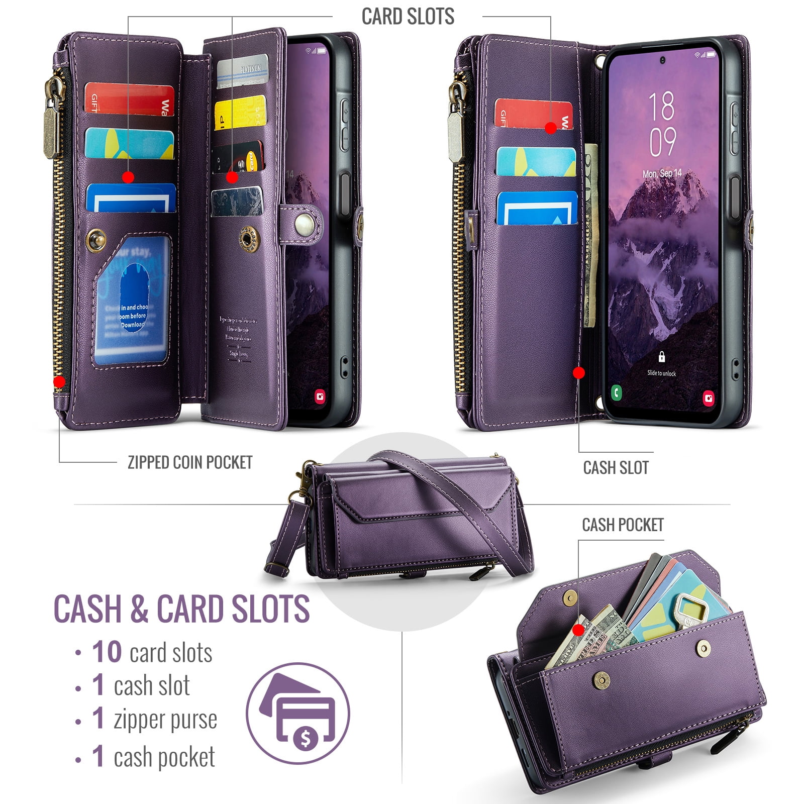 Asuwish Compatible with Samsung Galaxy A17 5G Zipper Wallet Phone Case Tempered Glass Screen Protector Crossbody Lanyard Strap Flip Card Holder Slot Cell Cover for A 17 17A G5 Women Girls Purple