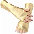thumbnail image 1 of Guantes elásticos de piel sintética dorada con media palma, sin dedos, metálicos y brillantes, para escenarios de rock, estilo gótico punk, para vestirse como calentadores de brazos., 1 of 9