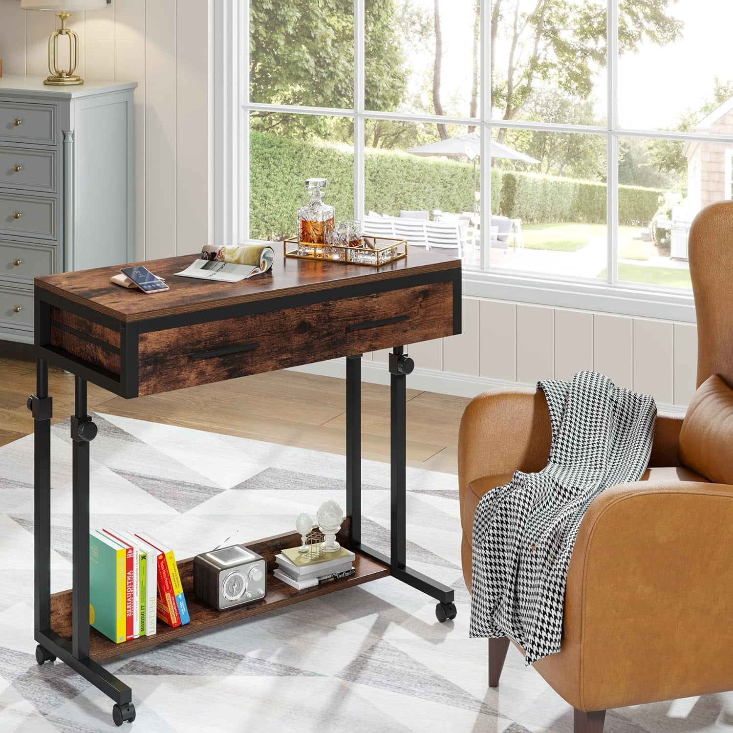 Tribesigns Portable Desk with Drawers, Mobile Laptop Desk with Wheels, Couch Side Table Bed Desk, Standing Desk for Home Office (Brown)
