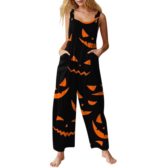 Women's Halloween Jumpsuits Sleeveless Loose Wide Leg with Side Pockets Square Neck Pull On Style Overall for Fall Daily and Seasonal Events Black L