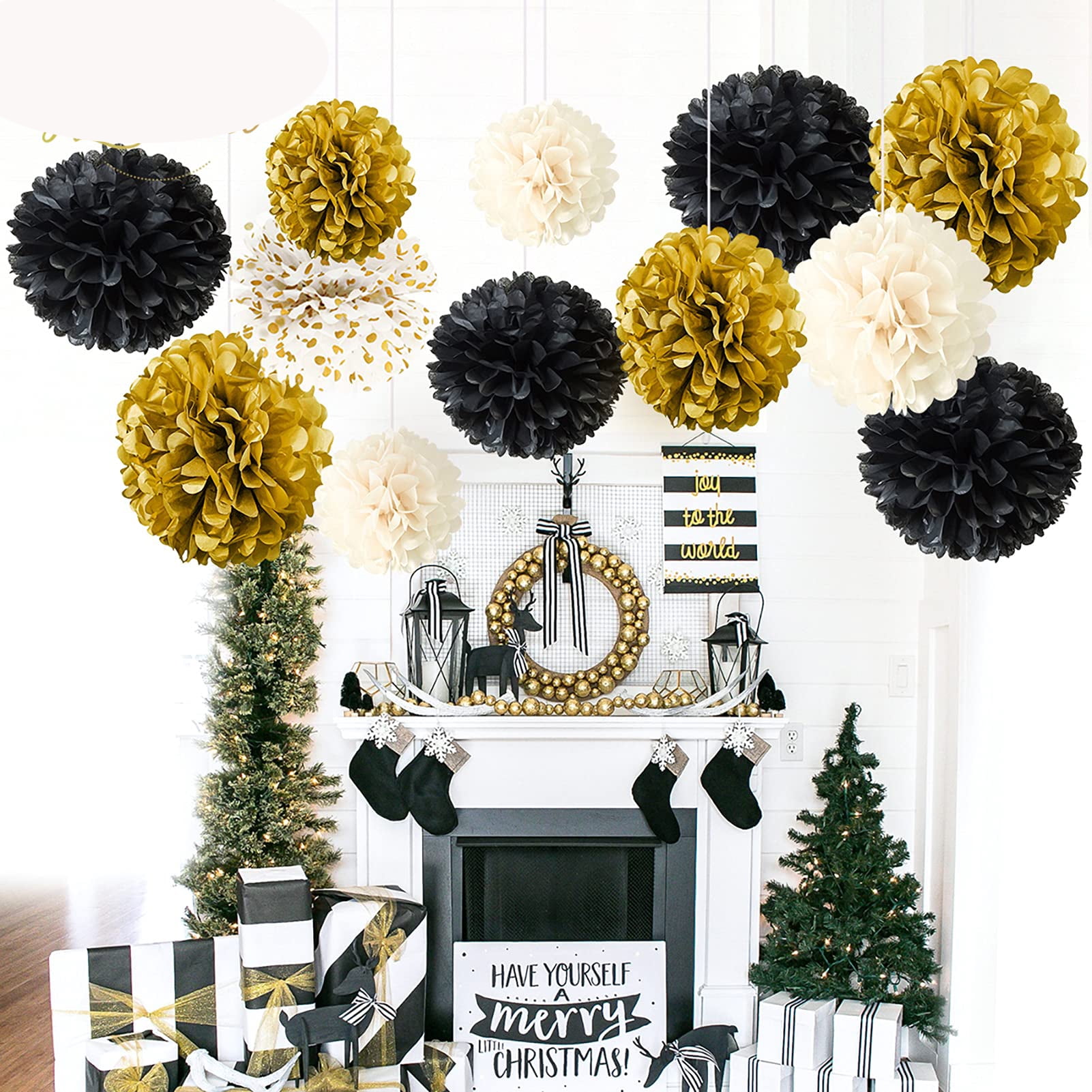 Black and Gold Party Decorations - DIY Tissue Paper Pom Poms Flowers,  Tassel, Balloons, Hanging Swirl, Paper Circle Garland for Graduation and