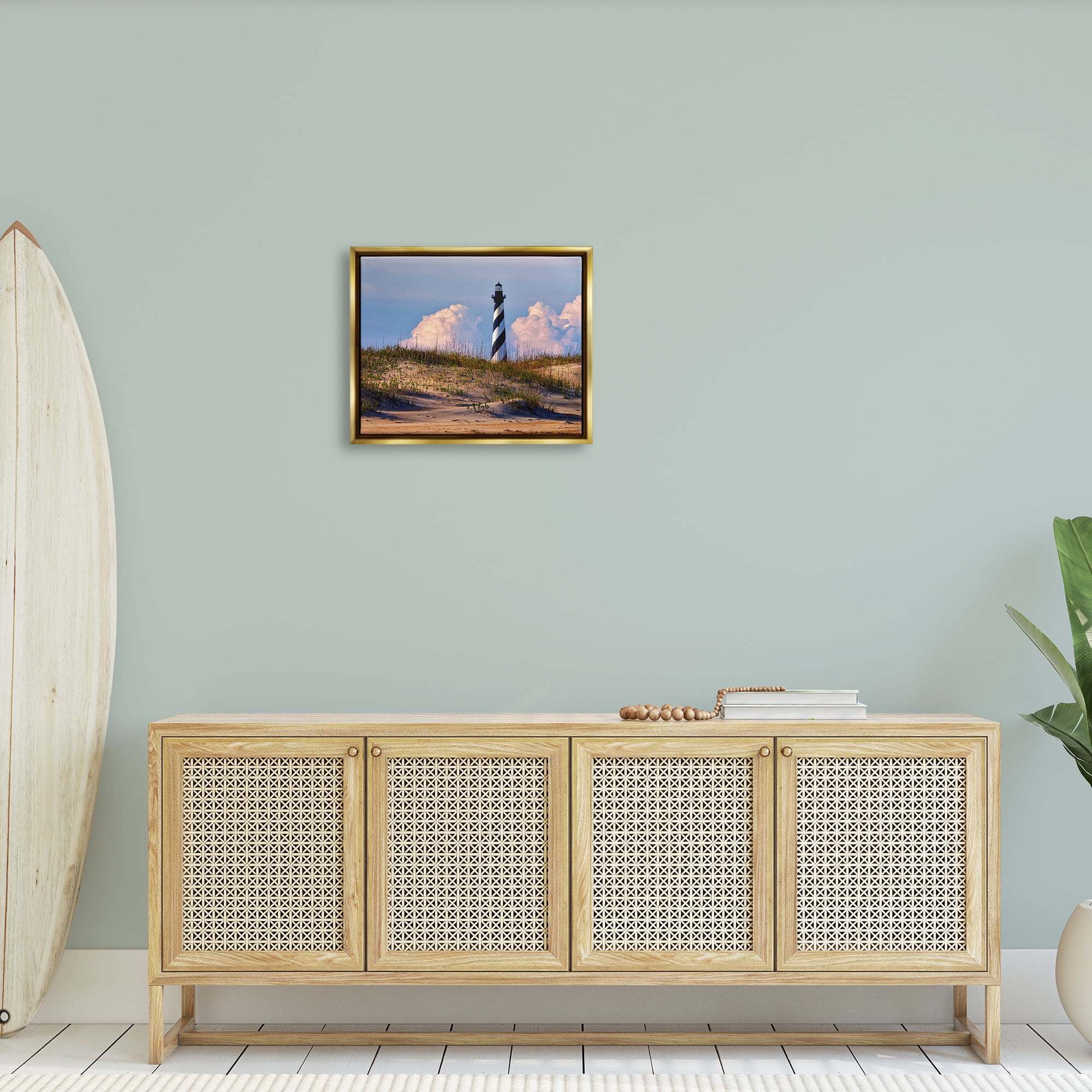 Stupell Nautical Lighthouse Cloudy Dunes Landscape Photography Gold Floater Framed Art Print Wall Art