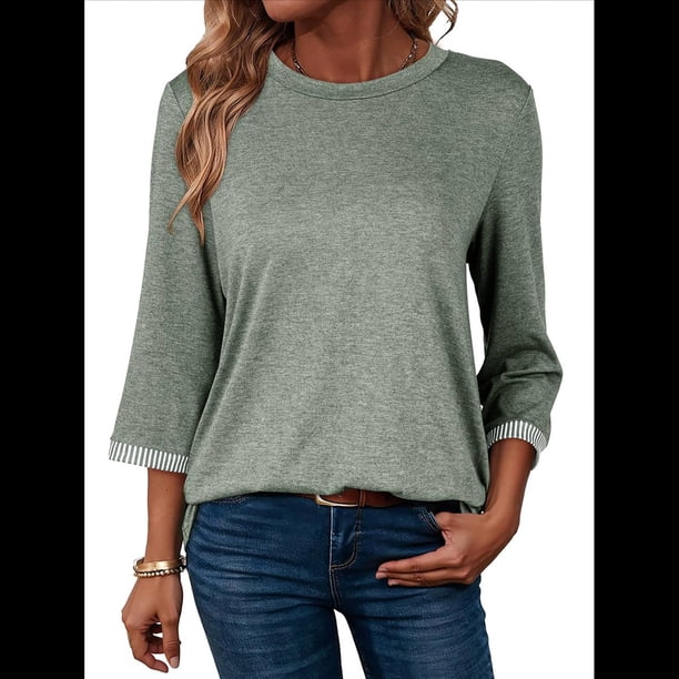 Camisas de Mujer, Camisetas de Moda con Mangas 3/4, Lindas Blusas Casuales de Cuello Redondo, Blusas Básicas Verde XXL