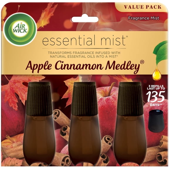 Air Wick Essential Mist Refill, 3 ct, Apple Cinnamon Medley, Essential Oils Diffuser, Air Freshener, Fall scent, Fall decor