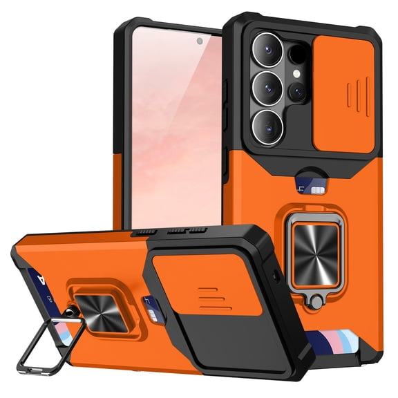 ELEHOLD Rugged Hybrid Case for Samsung Galaxy S26 Ultra Heavy Duty with Card Slot Camera Lens Cover Magnetic Metal Ring Holder Kickstand Shockproof Case, Orange
