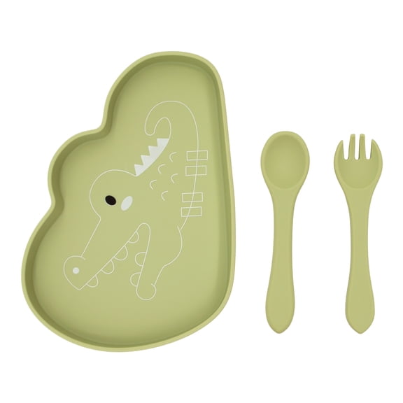 Baby Silicone Feeder Set, BabyX 3-pcs Safari Wildlife-themed Baby Plate with Suction, Spoon and Fork for Babies Toddler Kids, BPA-Free, Baby Utensils Feeding Supplies, Microwave and Dishwasher Safe