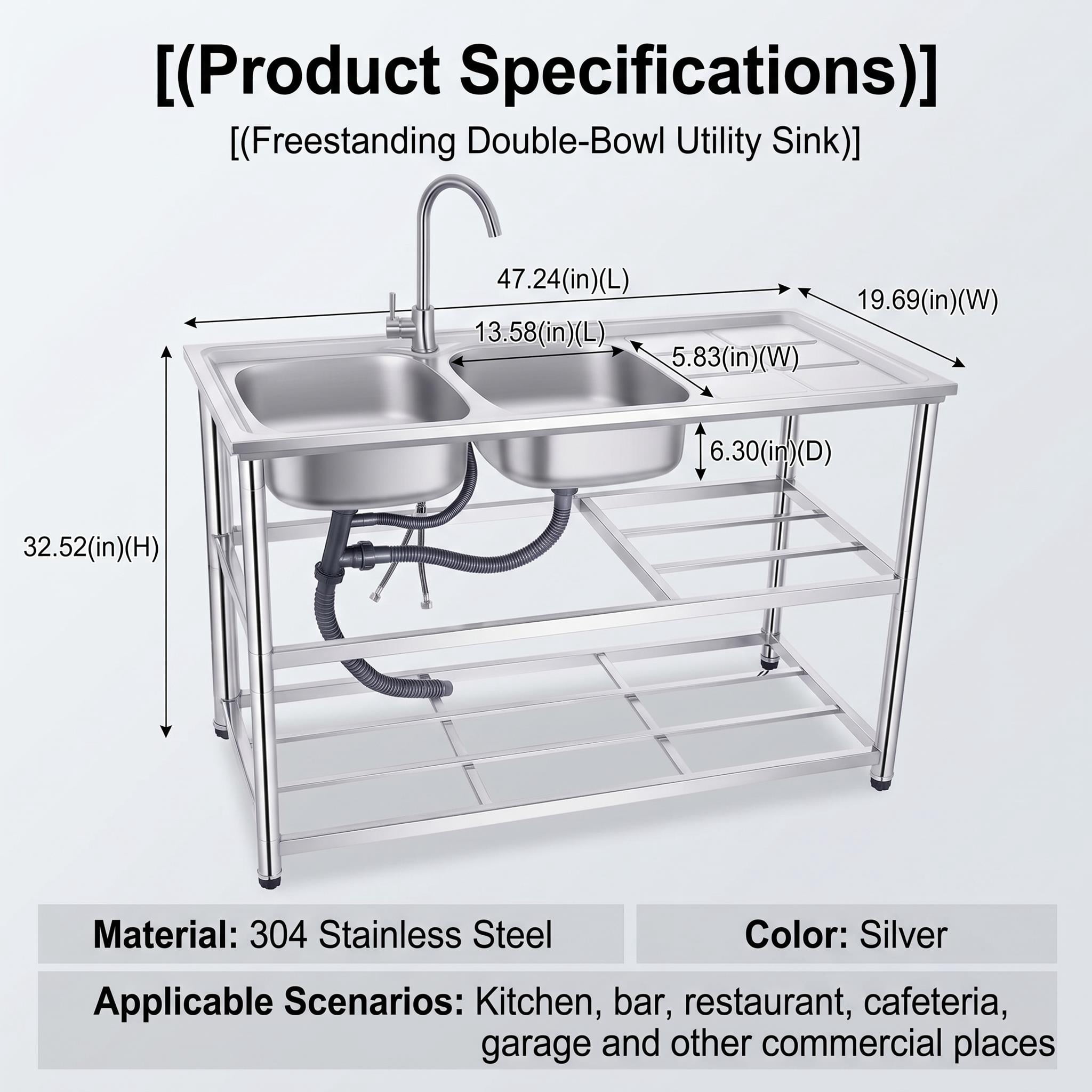 304 Stainless Steel Freestanding Utility Sink, Workbench Tub Sink with Open Storage Area, Perfect for Kitchen Bar Restaurant Garage Patio Garden