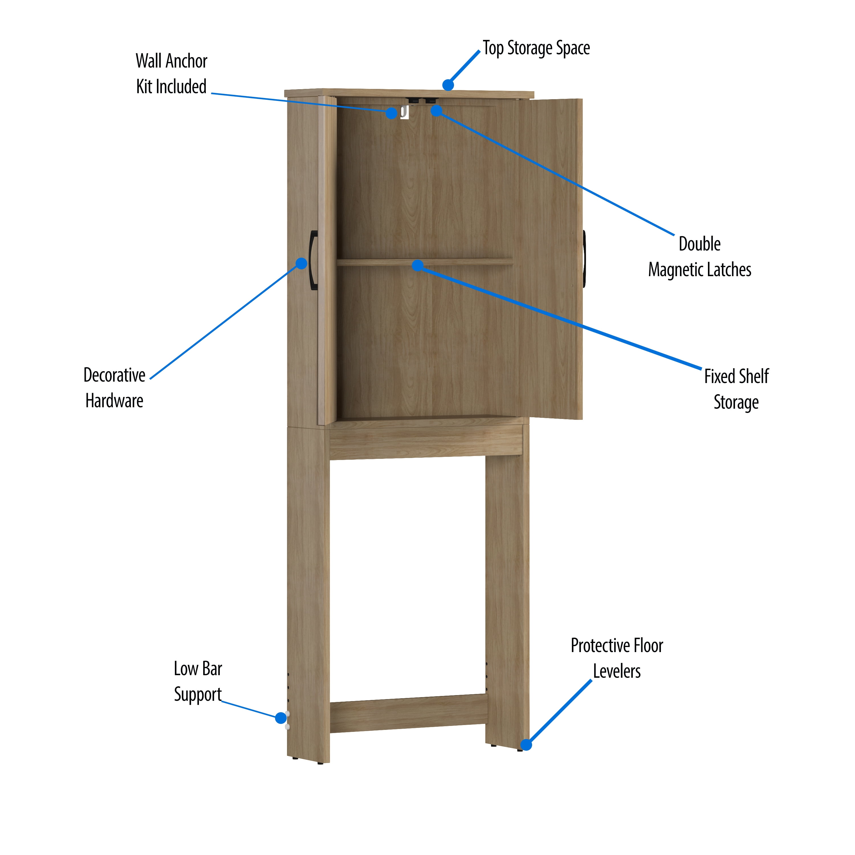 Mainstays Ardent Adjustable 2-Shelf Wood Composite Home with Wall Anchor Tipping Restraint Kit over-the-Toilet Bathroom Storage Cabinet, Euro Oak, 1 Pack