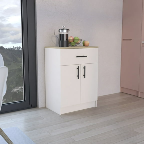 - Natural Oak Storage Cabinet With One Drawer And Two Interior Shelves For Pantry Organization System