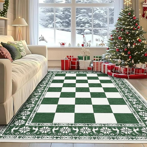 IDEALHOUSE Area Rugs 5x7ft, Green, Checkered Christmas Washable Non Slip Low Pile Carpet, Soft Foldable Holiday Living Room Mat