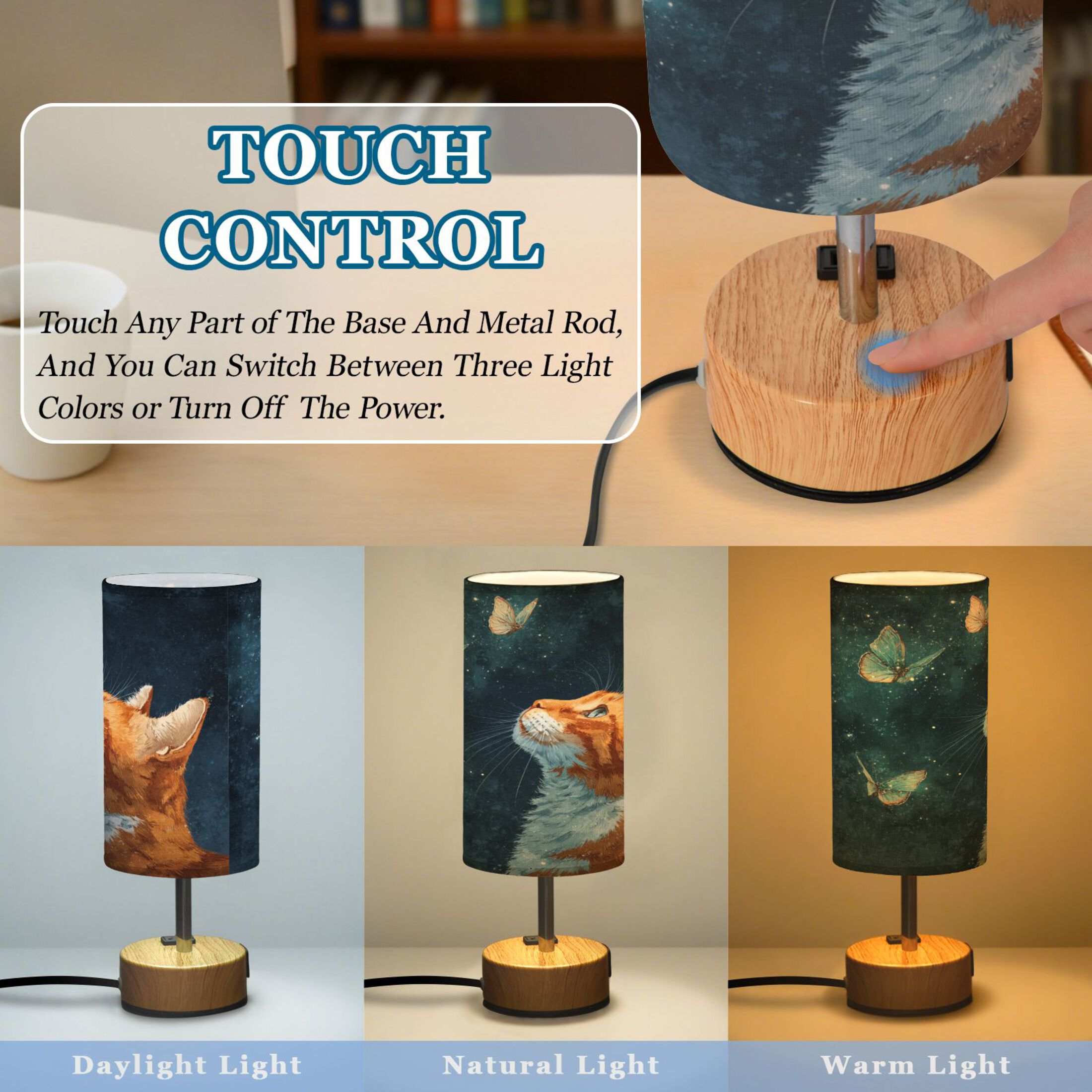 Touch-Control 3-Color Desk Lamp with Plug – Energy-Saving LED + 3 Simultaneous Charging Ports Realistic Cute Orange Cat
