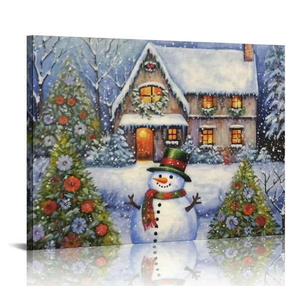 Nawypu Snowman Christmas Framed Canvas Wall Art, Village Barns in Nature Winter Paintings for Living Room Bedroom, Holiday Christmas Gifts
