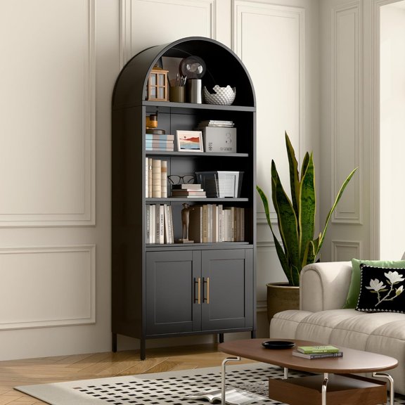 79 in Tall Metal Arched Bookcase, 5-Tier Arched Bookcase with Doors, Modern Farmhouse Bookshelf with 2 Adjustable Shelves, Pantry Display Cabinet for Living Room, Black, Assembly Required