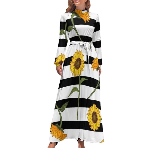 Sunflower Print Dress Leaves and Flowers Street Style Boho Beach Dresses Women Long Sleeve High Waist Sexy Long Maxi Dress