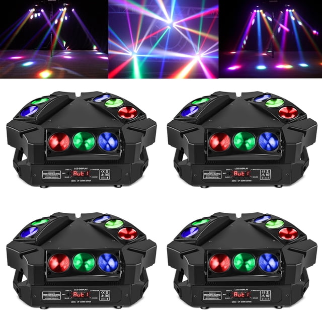4Pcs Moving Head DJ Lights, 9 Head Spider LED Stage Lighting Sound Activated DMX RGBW Disco Lights for Party Club Wedding
