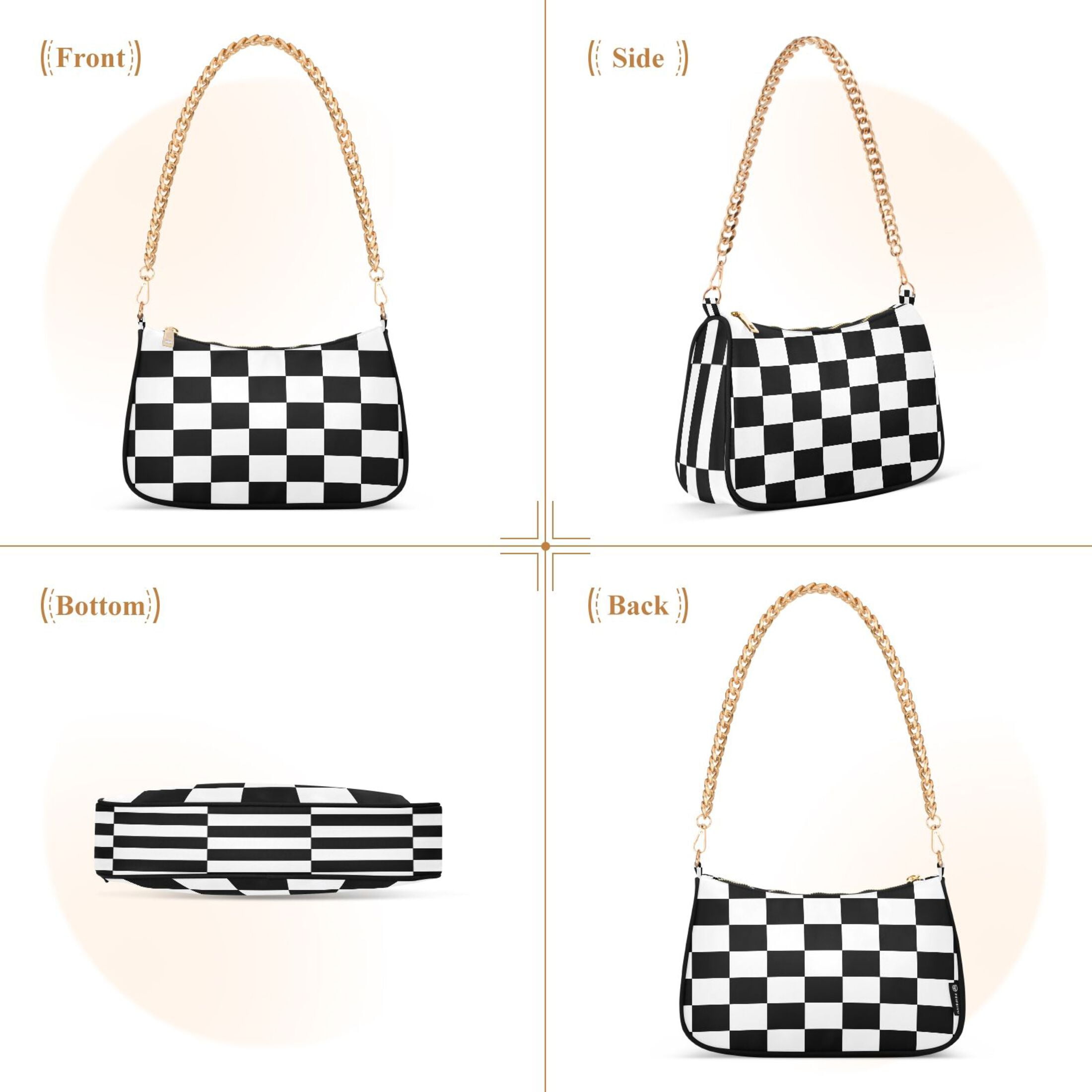 Ryvnso White and Black Checkered Grid Art Pattern Womens Chain Shoulder Bag Tote Handbags Clutch Hobo Purse with Zipper for Travel