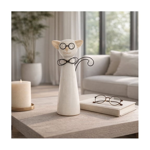 Decorative Ceramic Cat with Glasses Figurine for Home Decor - Ornaments Accent for Bathroom, Office Desk, and Shelf Display - Statue for Living Room and Coffee Table Styling -11", White