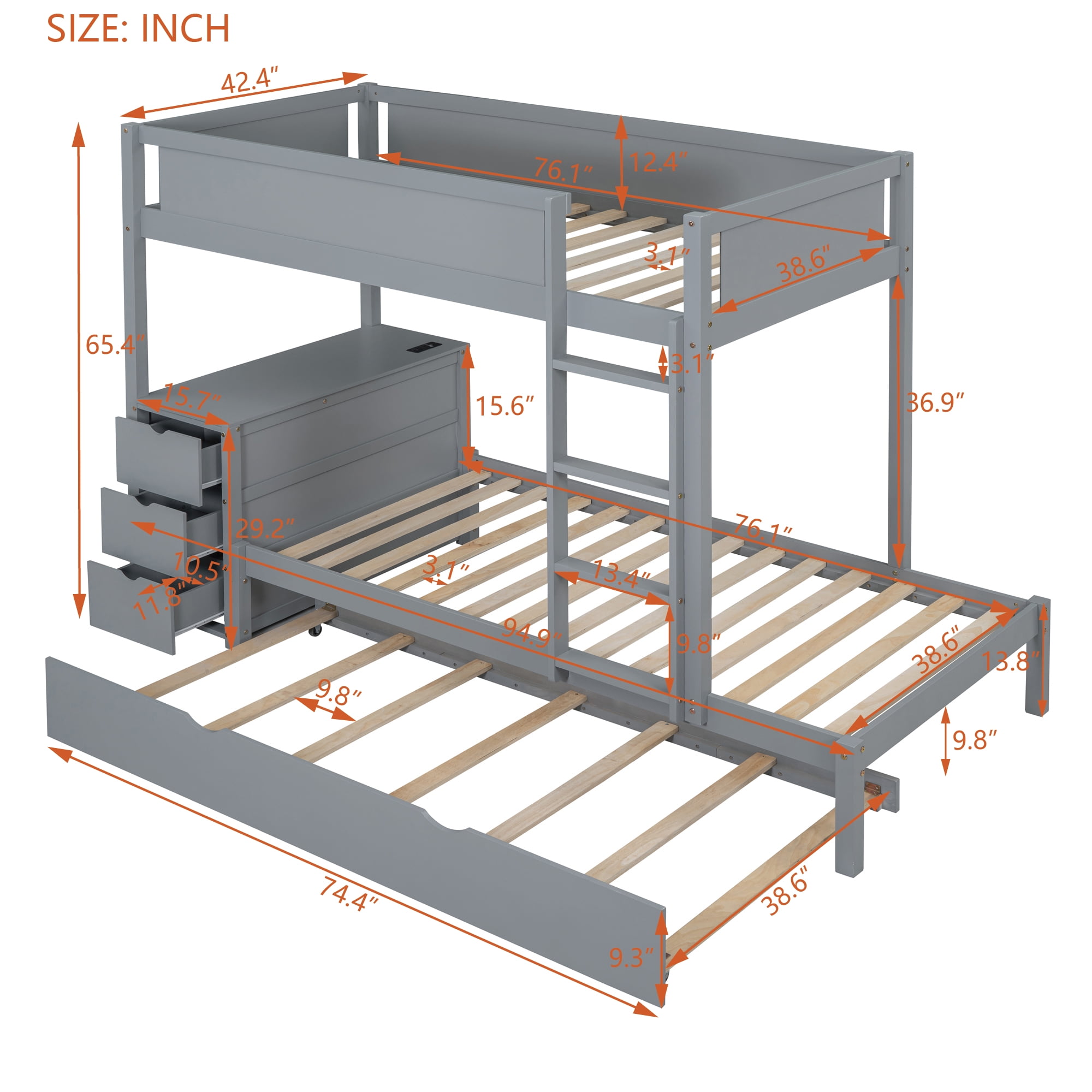 Aukfa Twin Over Twin Bunk Bed with Trundle and USB Charging Station, Wood Bed Frame with Build-in Desk&Storage Drawers for Kids Bedroom, Gray