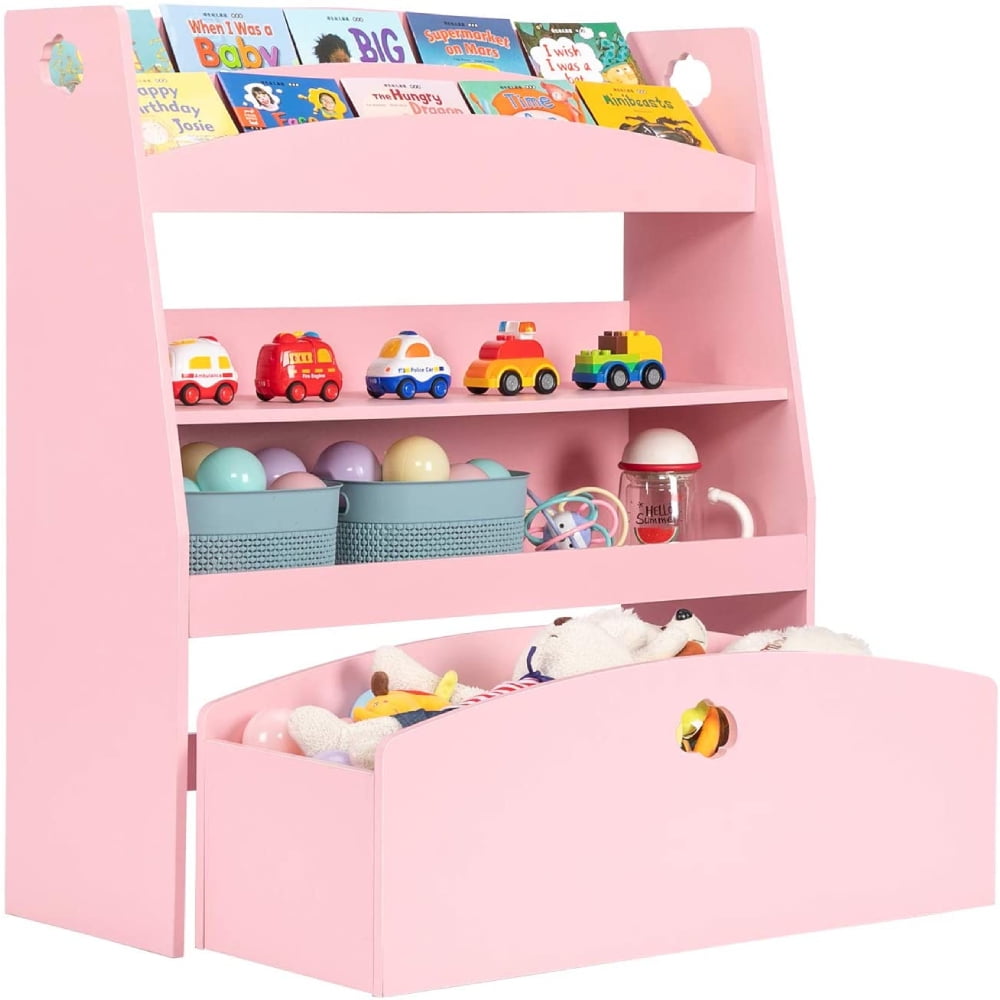 Kids Toy Storage and Bookshelf, 4 Shelves and One Large Rolling Bin w/Wheels, Children's Toy and
