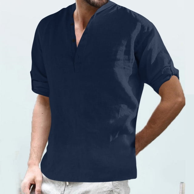 TIMIFIS Chemise en Coton et Lin pour Homme à Manches Longues Hippie Décontractée de Plage T-Shirts-Navyfall
