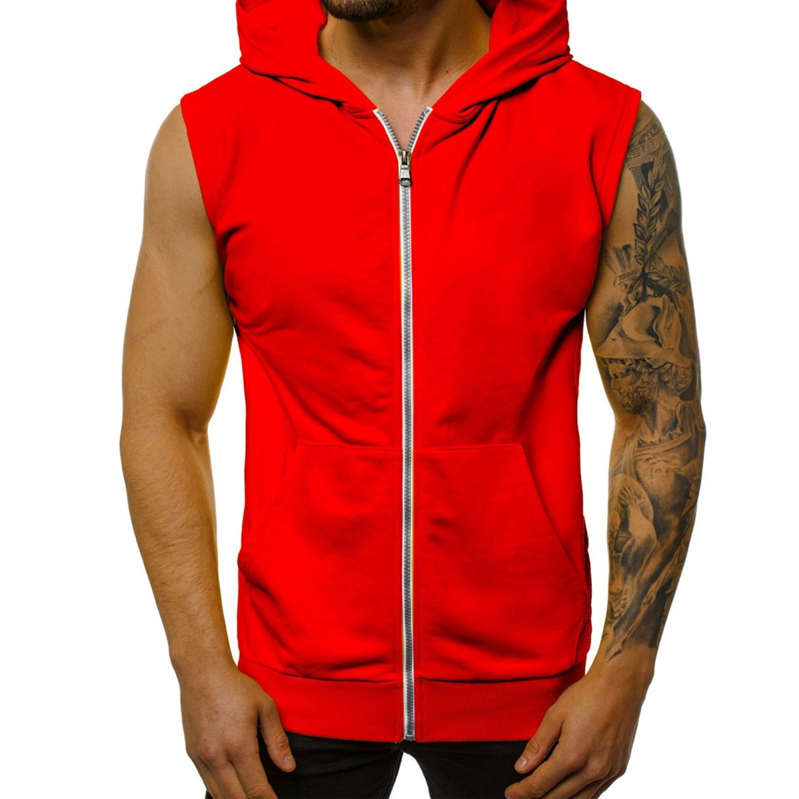 Men's Solid Color Sleeveless Zip-Up Hooded With Pockets Sleeveless
