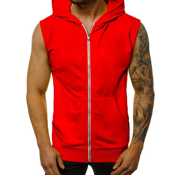 KeShDi Mens Dress Shirts Western Shirt Teacher Shirts Men's Solid Color Sleeveless Zip-Up Hooded with Pockets Sleeveless Top Red 2X