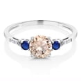 thumbnail image 2 of Gem Stone King 10K White Gold Peach Morganite Blue Created Sapphire and White Diamond Accent 3-Stone Engagement Ring for Women (0.74 Cttw, Round 6MM, Gemstone October Birthstone, Size 8.5), 2 of 5