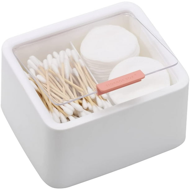 dispensador de tarros de algodón, organizador de bolas de algodón con tapa con bisagras, caja de plástico blanco para almacenamiento en el hogar Ofspeizc CZMR-ST15-1
