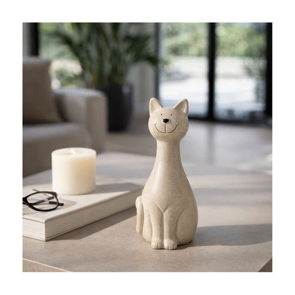 Skinny Sitting Kitty Figurine for Home Decor - Ceramic Stoneware Sculpture for Bathroom, Office, Living Room and Shelf Display - Smiling Cat Ornament for Coffee Table and Room Decor - 9", Gray