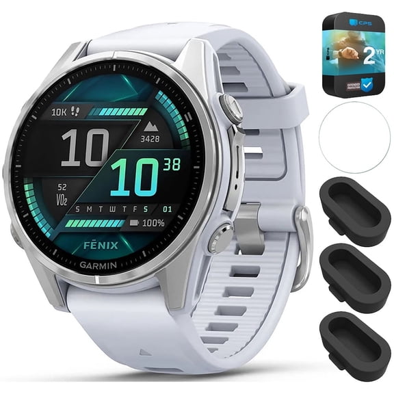 Garmin 010-02903-00 Fenix 8 43 mm AMOLED Silver with Whitestone Silicone Band Bundle with Silicone Dust Cover for Garmin Fenix 3 Pack, Round Screen Protector and 2 YR CPS Enhanced Protection Pack