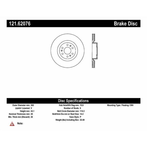 Centric Parts Disc Brake Rotor P/N:121.62076 Fits select: 2006-2011 CADILLAC STS, 2004-2005 CADILLAC CTS