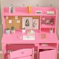 thumbnail image 3 of Kids Study Desk and Chair Set - Wooden Student Writing Desk with Hutch & Storage Cabinet, Kids Computer Workstation for Bedroom & Study Room, Pink, 3 of 5
