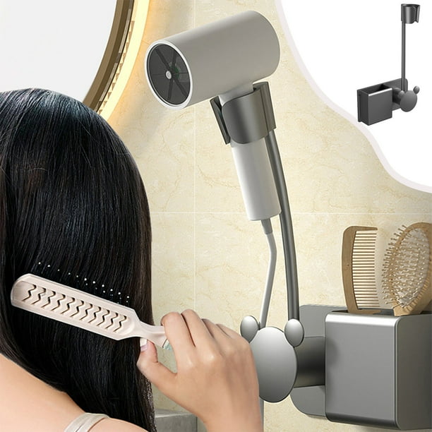Soporte giratorio para secador de pelo de 360 grados, altura ajustable, estante de almacenamiento sin perforaciones montado en la pared, organizador de baño autoadhesivo, negro, 7.48x4.33x3.94in