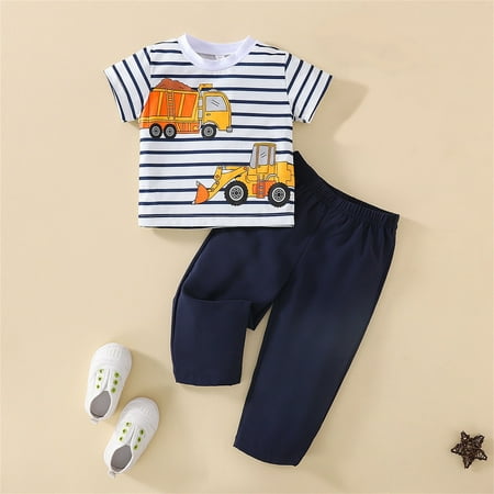 

Hunpta Infant Newborn Baby Boys Cute Cartoon Striped Short Sleeve T Shirt Blouse Tops Solid Pants Trousers Outfit Set 2PCS Clothes