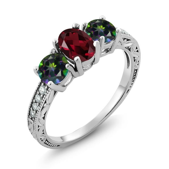 Gem Stone King 2.12 Ct Oval Red Rhodolite Garnet Green Mystic Topaz 925 Sterling Silver Moissanite Ring (Size 8)