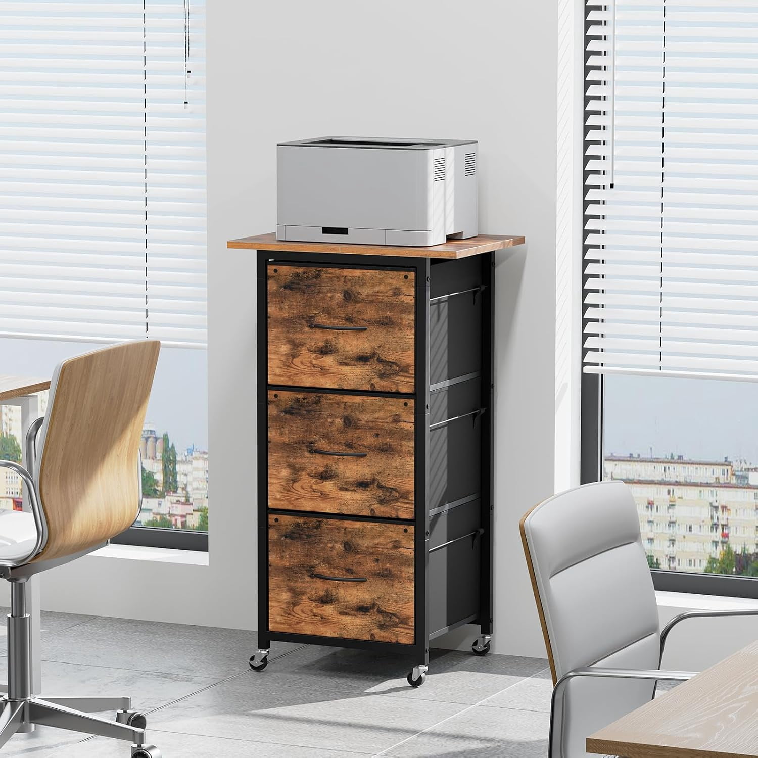 3 Drawer File Cabinet, Vertical Filing Cabinet with Wheels, Printer Stand with Non-Woven Fabric Drawer, Adjustable Hanging Rods, fits A4/Letter Size, for Home Office