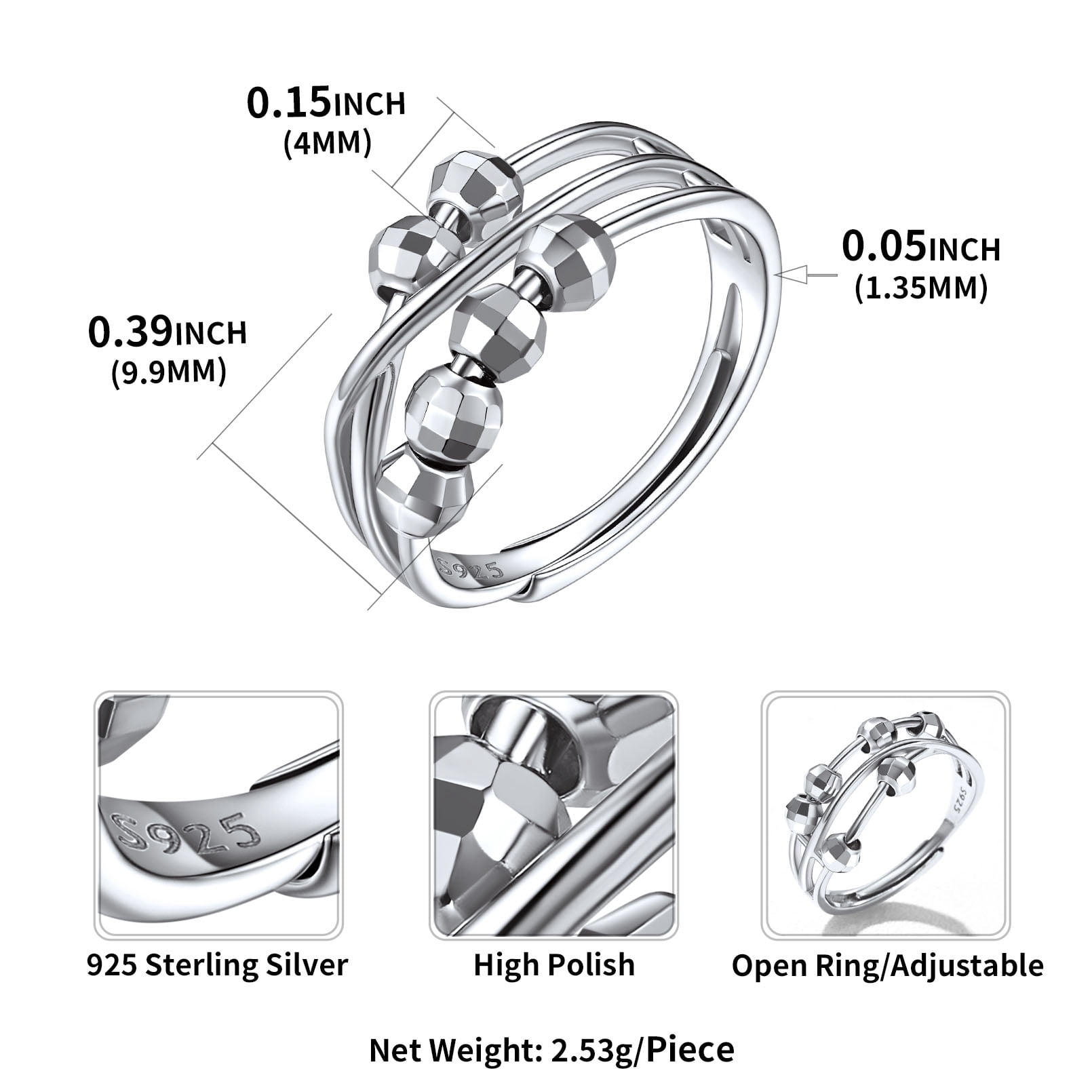 ChicSilver Sterling Silver Open Spinner Ring Fidget Anxiety Rings with Beads Adjustable Stress Relief Rings Finger Ring Gift for Christmas