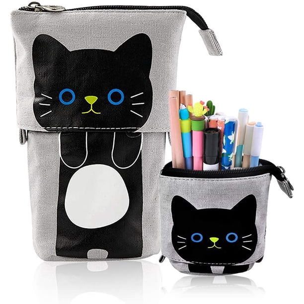 Transformer Stand Store Portalápices Canvas + PU Cartoon Cute Cat Telescopic Pencil Pouch Bag Papelería Pen Case Box con cierre de cremallera Ormromra LRWJ409-2