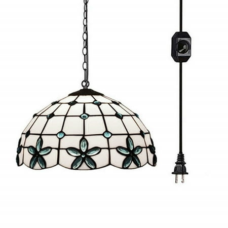

Kiven Tiffany Glass Pendant Light with 15 Ft Plug in Cord Metal Hanging Chain and On/Off Dimmer Switch Perfect Vintage Swag Pendant Lights for Home Decor - 1 Pack
