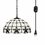 FSLiving Tiffany Glass Pendant Light with 15 Ft Plug in Cord, Metal Hanging Chain and On/Off Dimmer Switch, Perfect Vintage Swag Pendant Lights for Home Decor