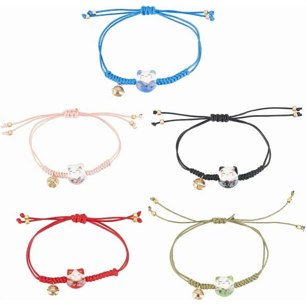 6 pulseras a juego con cuentas de cerámica de gato de la suerte ajustables para mujer, lindas pulseras de cuerda de cuentas de cerámica con campanas, ligeras