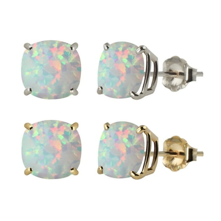 Gold Diamond Created Opal Earrings - 10k White or Yellow Gold 6mm Checkerboard Cushion Lab-created Opal Stud Earrings