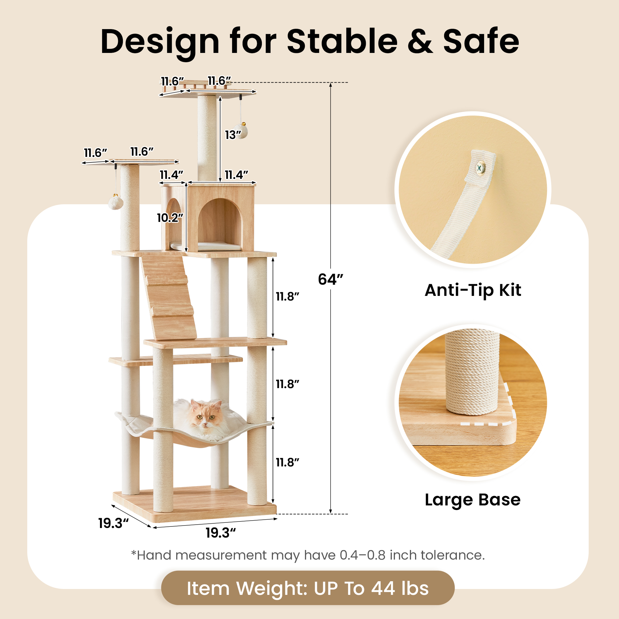 MWPO Modern Cat Tree - 64 inch Cat Tower for Indoor Cats, Multi-Level Cat Condo with 7 Fully Wrapped Scratching Posts, 2 Perches, Hammock, Removable Pad & Dangling Balls-Light Brown