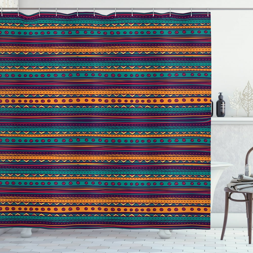 Tribal Shower Curtain, Striped Retro Aztec Pattern with Rich Mexican