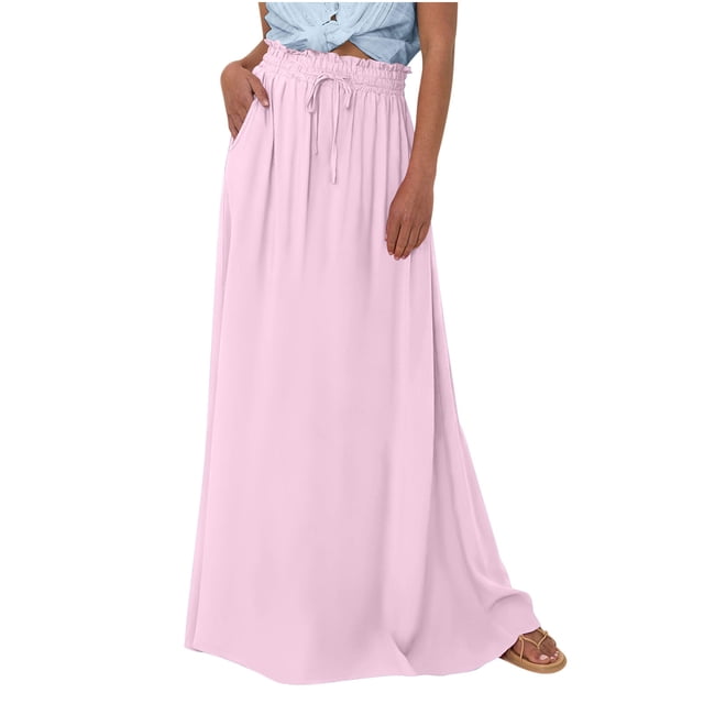 SHTXOZHI Women's Summer Maxi Skirt A-Line Drawstring High Waist Beach Long Skirts with Pockets