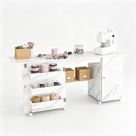 Montary 57.5" 4-in-1 Folding Sewing Table with Lockable Wheels and Cabinet - Multipurpose Craft Station, Computer Desk,Kitchen Storage & Side Desk with Compact Design for Apartments,White