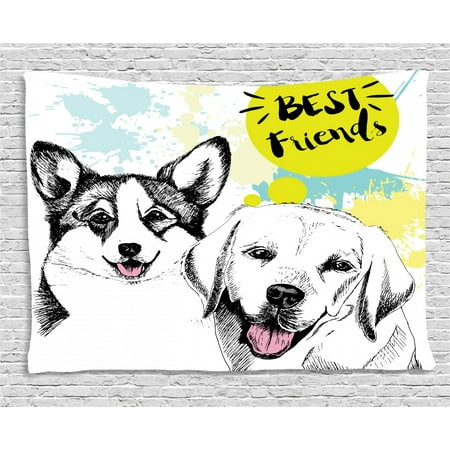 Labrador Tapestry, Best Friends Typography with Hand Drawn Sketch Welsh Corgi Grunge Illustration, Wall Hanging for Bedroom Living Room Dorm Decor, 60W X 40L Inches, Multicolor, by